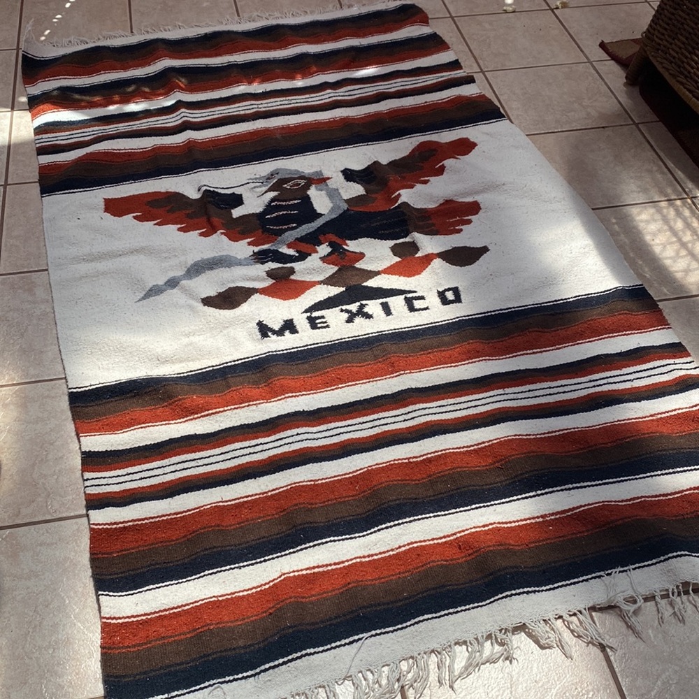 Handmade Mexican vintage wool woven blanket tapestry - handwoven Mexico blanket
